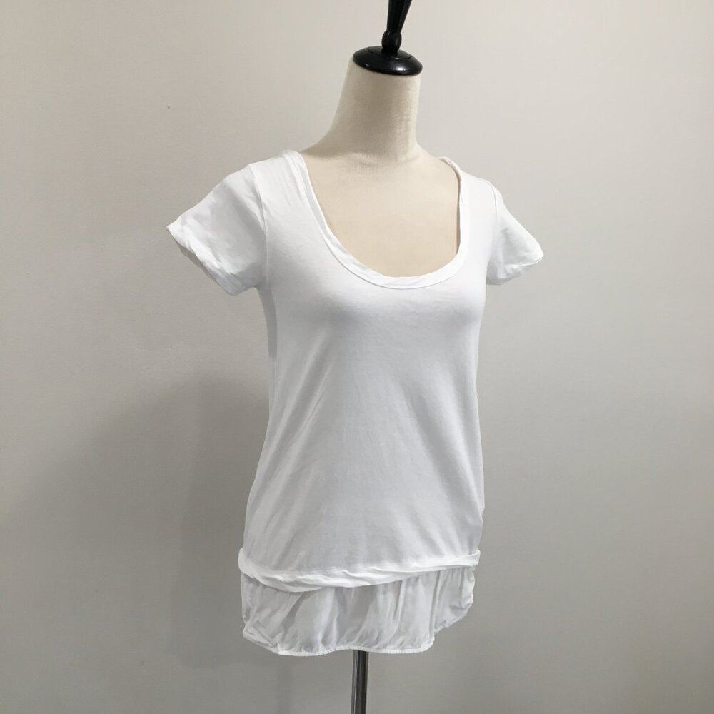 ZARA White Mixed Fabric Slit Hem Short Sleeve Scoop Neck Basic Shirt Top